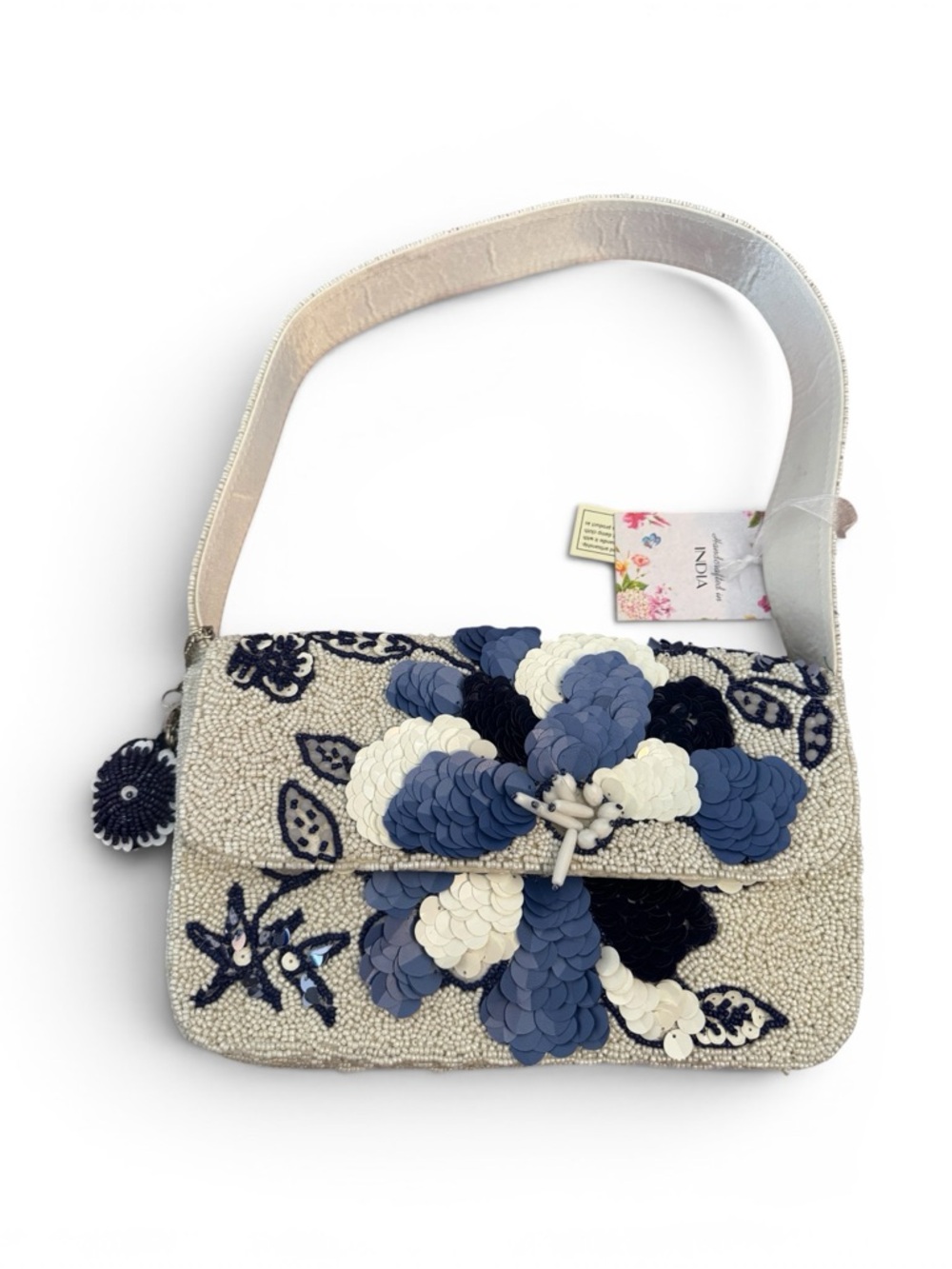 Handcrafted Beaded Floral Shoulder Bag - Blue & Cream